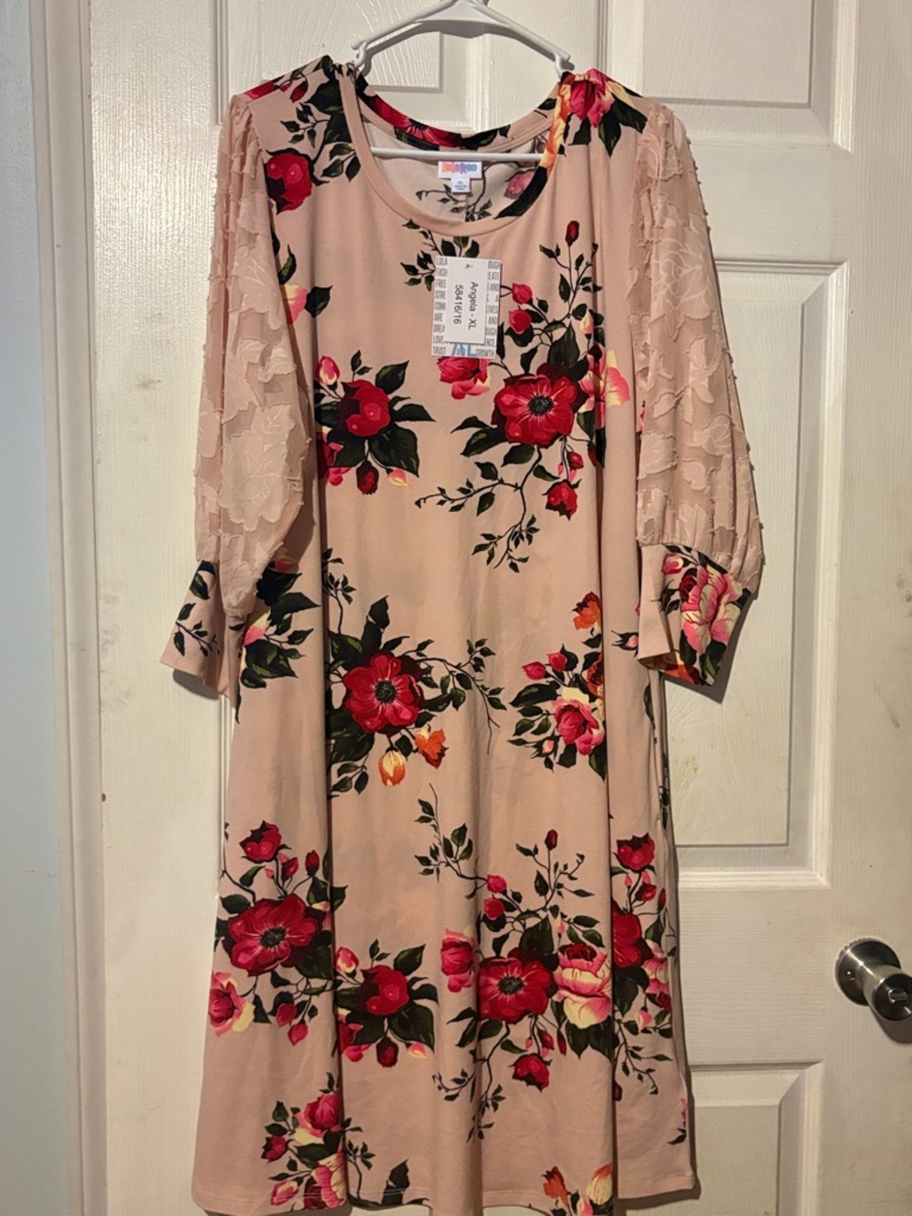 LuLaRoe Angela Pink Floral Lace-Sleeve A-Line Dress